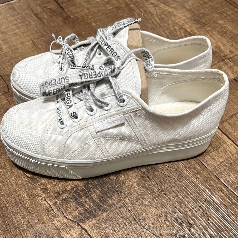 Superga 2740 White Canvas Platform Sneakers Flatform Shoes Womens Size 7.5